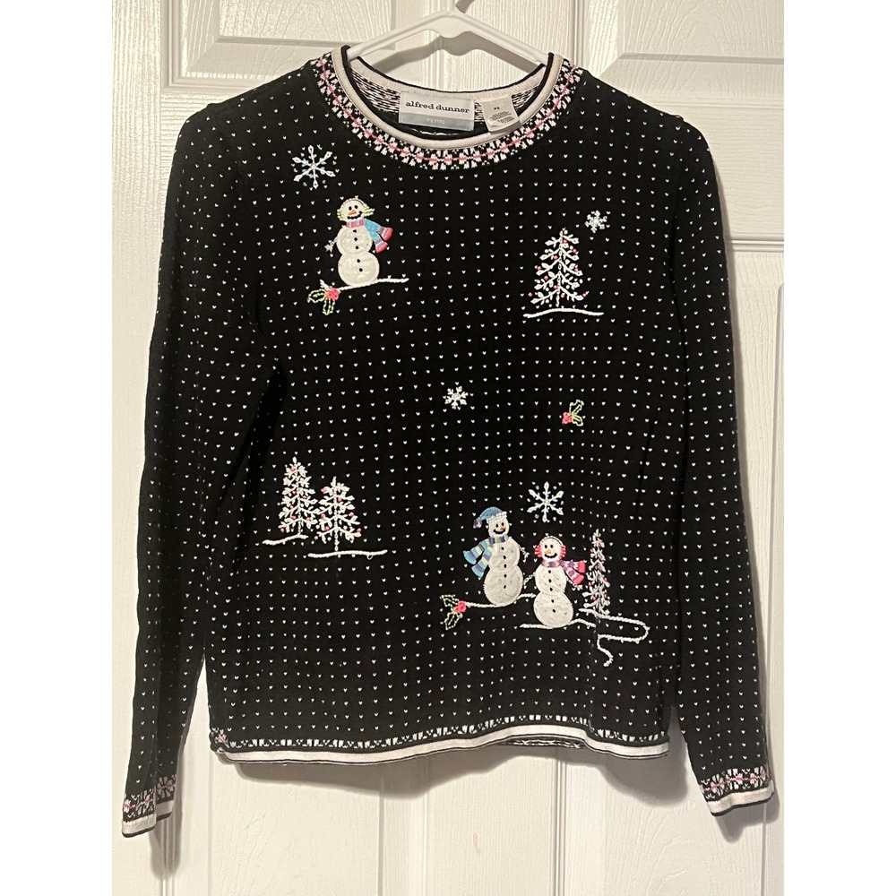 Alfred Dunner Petite Black Snowman Christmas Sweater Winter Embroidered PS